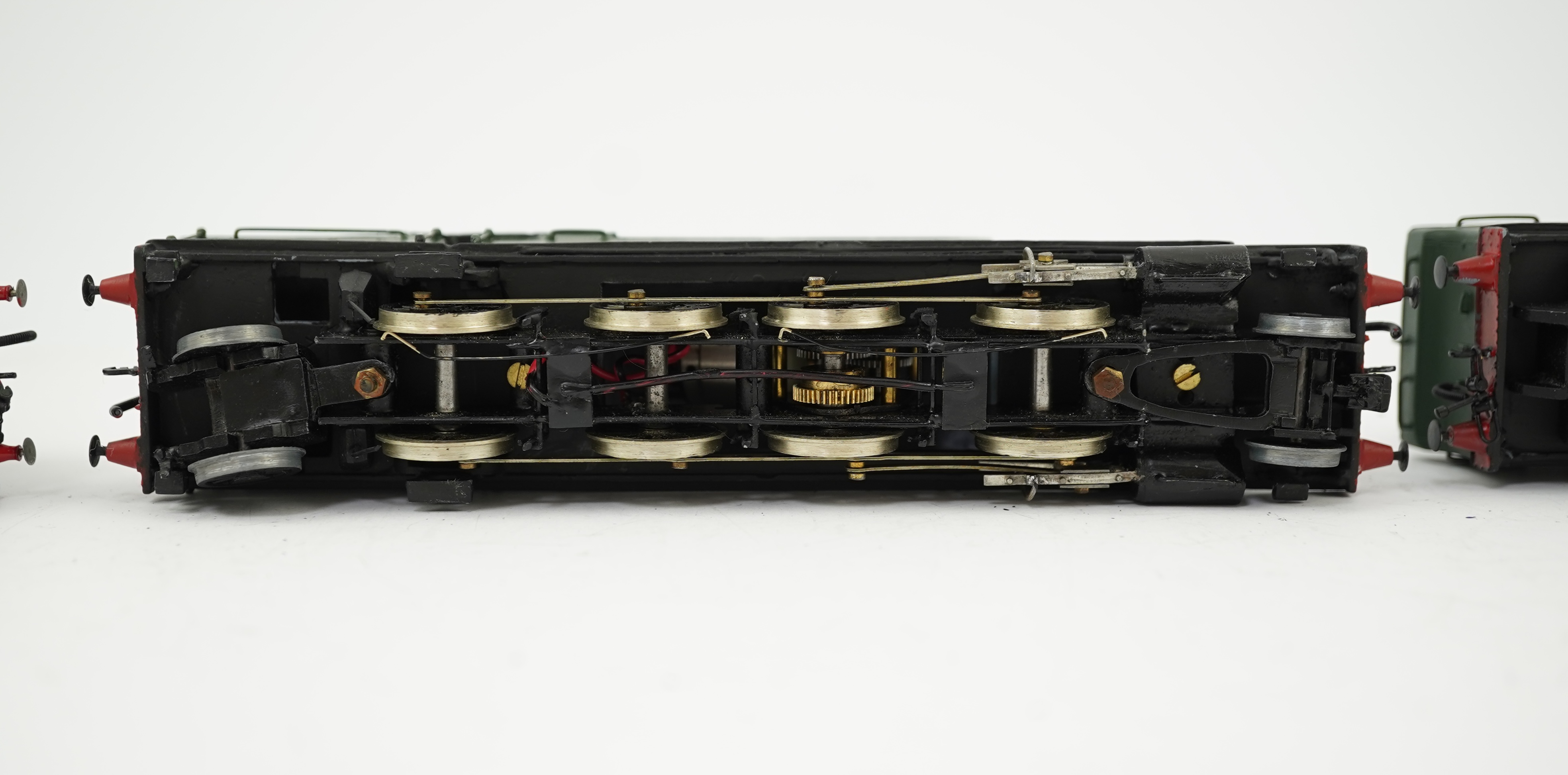 Three 00 gauge kit built GWR tank locomotives, two brass and white metal; a 42xx class 2-8-0T, 4200, together with an 72xx class 2-8-2T, 7200, plus a plastic/resin and metal 22xx class 4-4-2T, 2222, all constructed, pain